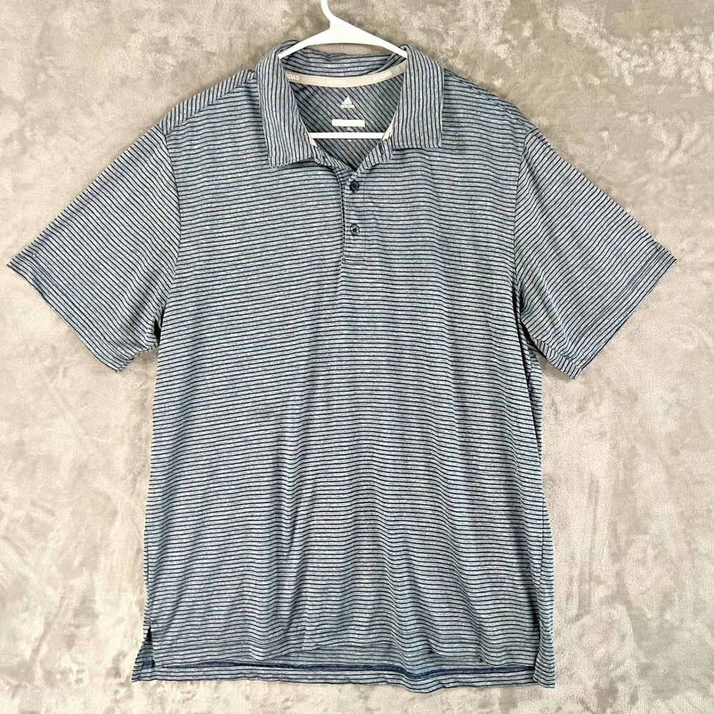 Adidas Men's Large Blue Gray Striped Performance Golf Polo Shirt Short Sleeve